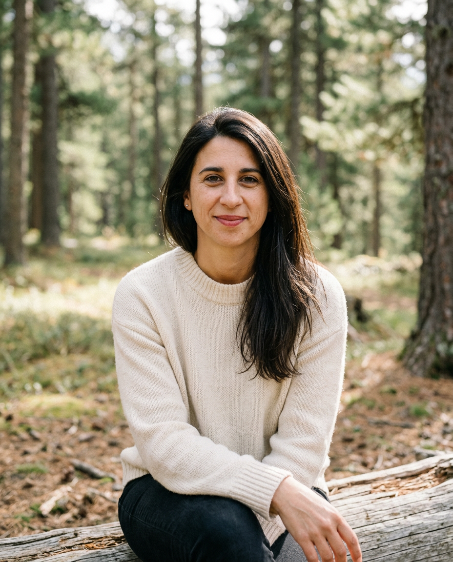 Retrato cercano de Bea Ibáñez en un bosque suizo