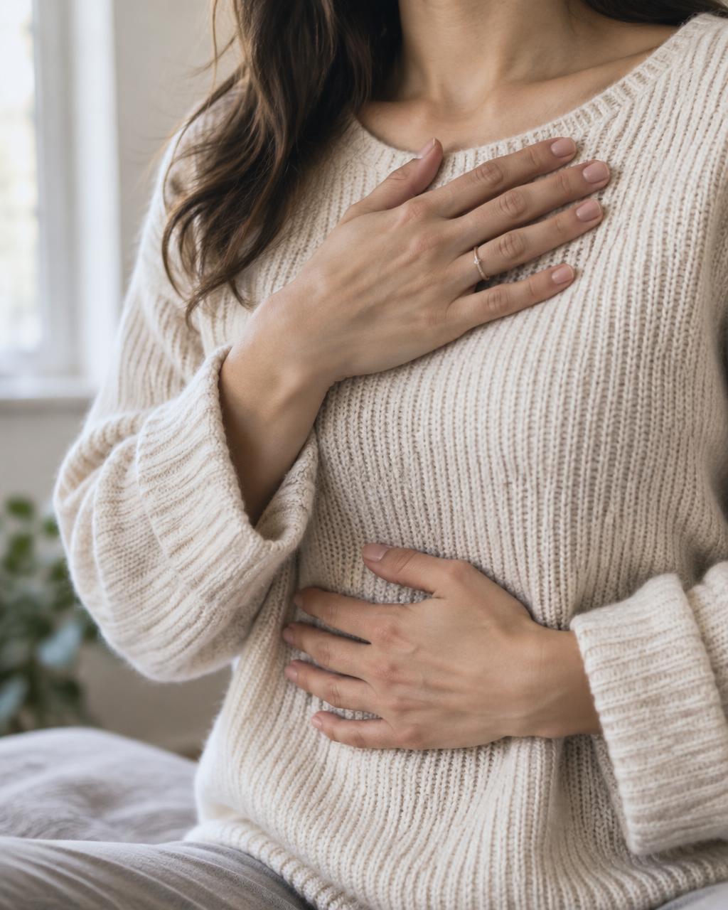 Manos sobre el pecho en un gesto de respiración consciente y calma