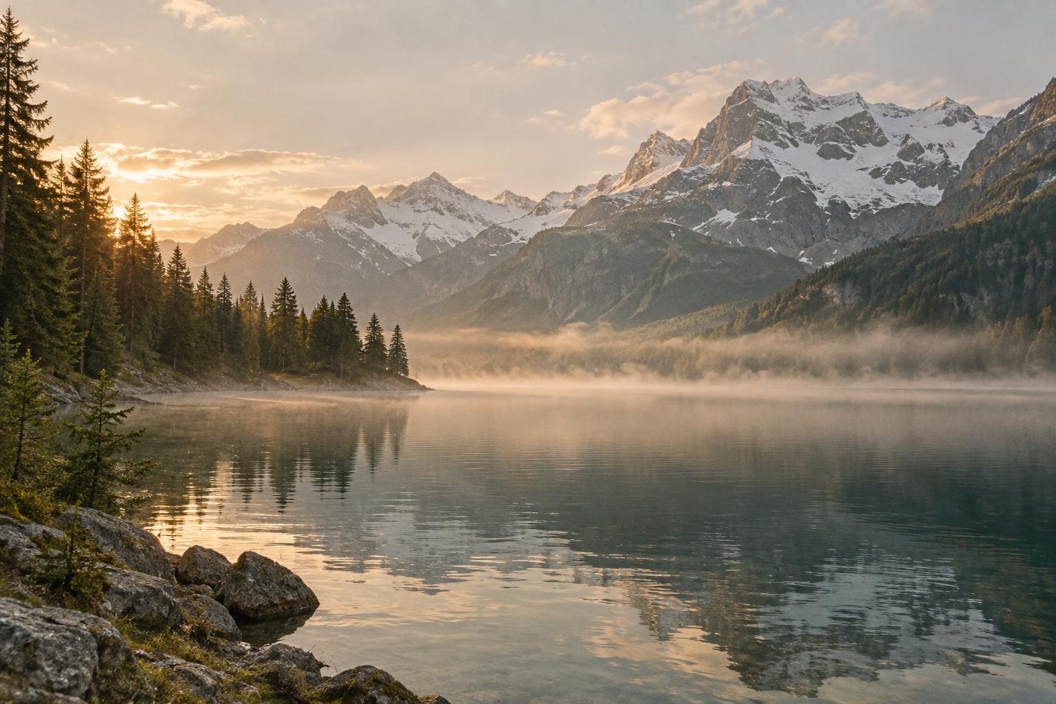 Lago alpino al amanecer en Suiza, con montañas y niebla suave